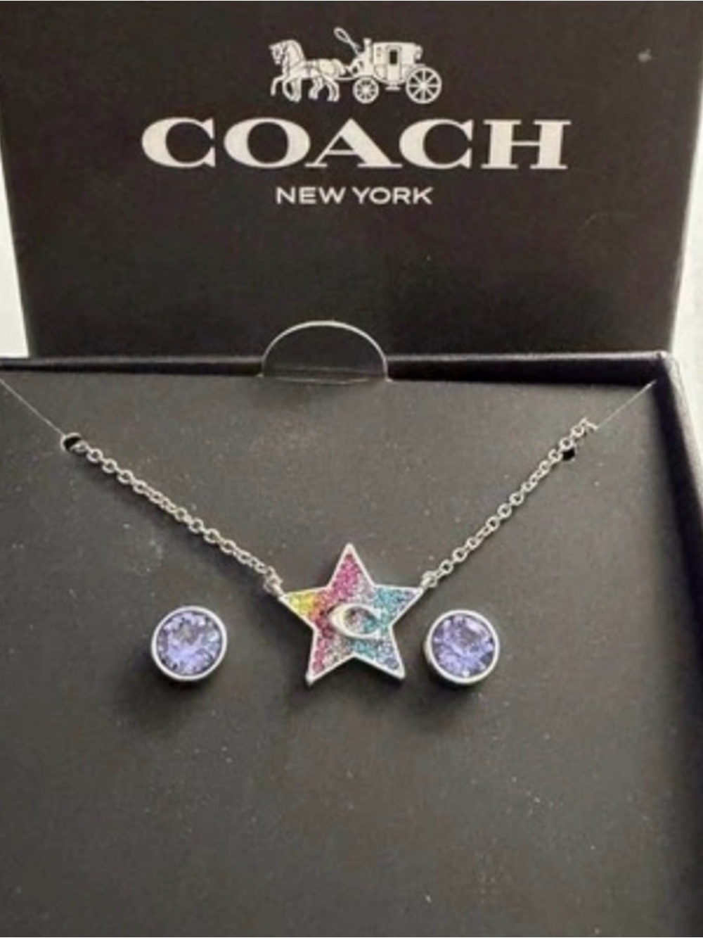 COACH Multicolor Glitter Star Necklace with Lavender Crystal Stud Earrings